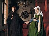 London National Gallery Top 20 02 Jan van Eyck - The Arnolfini Portrait Jan van Eyck - Portrait of Giovanni Arnolfini and his Wife, 1434, 82 � 60 cm. This painting was voted #4 in the 2005 BBC Greatest Painting in Britain Poll. This work is a portrait of a rich Italian merchant Giovanni Arnolfini and his wife, but is not intended as a record of their wedding. Although she looks as if she is pregnant, she is in fact wearing a very long dress, holding it up in front of her. The ornate Latin signature on the back wall translates as 